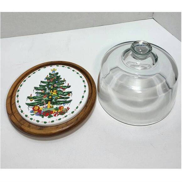 Towle Christmas Tree Holiday Cheese Board Server Teakwood Plate w/Glass Dome VTG - Picture 6 of 10